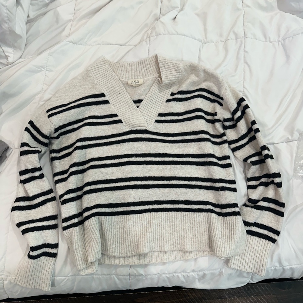 a.n.a Black and Cream Striped V-Neck Sweater